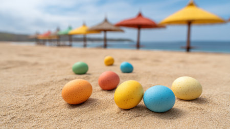 Brightly colored Easter eggs scattered on golden sand, with vibrant umbrellas in the background and a serene ocean view, creating a perfect spring holiday scene.の素材