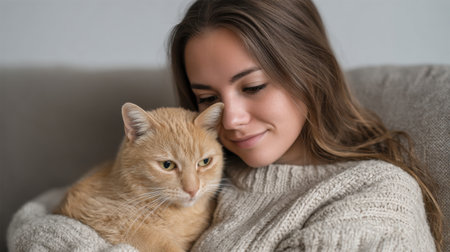 A tender moment of a woman holding her orange cat, radiating warmth and companionship in a cozy indoor setting, perfect for pet lovers and joyful lifestyles.の素材