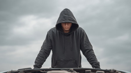 A young individual in a hooded sweatshirt stands thoughtfully over a car engine, staring at it against a backdrop of a gloomy cloudy sky, reflecting frustration.の素材
