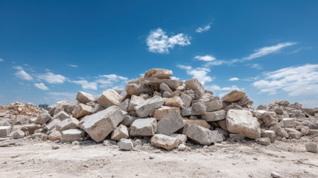 A large pile of rocks sits prominently under a bright blue sky, surrounded by fluffy white clouds, showcasing a rugged landscape typical of construction or quarry sites.の素材