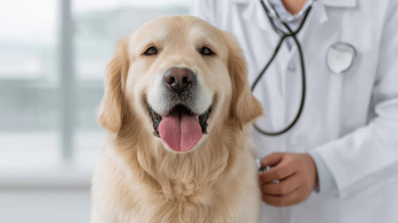 A cheerful golden retriever enjoys a checkup at a veterinary clinic, showcasing the bond between pets and veterinarians in a bright, friendly atmosphere.の素材