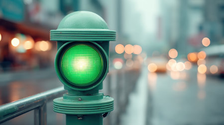 A vibrant green traffic light stands prominently in a bustling cityscape, directing pedestrians safely while blurred vehicle lights create a dynamic urban atmosphere.の素材