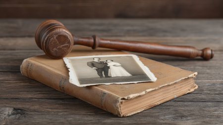 A vintage legal book rests on rustic wooden surfaces with a gavel and an old photograph of a couple. This scene evokes emotions of nostalgia and justice.の素材