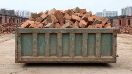 A construction container filled with a large pile of red bricks showcases construction materials ready for urban renovation or building projects amidst an industrial backdrop.の素材