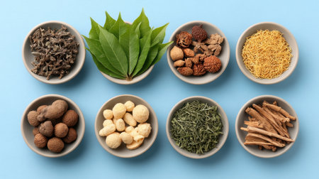 Explore a visually appealing array of herbs and spices arranged in bowls, showcasing vibrant colors and textures. Perfect for culinary inspiration or health-focused themes.の素材