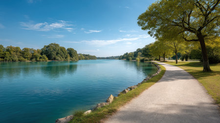 Escape to this peaceful lakeside scene featuring serene water, lush trees, and a clear sky, ideal for outdoor activities or relaxation in nature's beauty.の素材