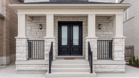 This image showcases a modern residential entrance, highlighting a striking stone facade, elegant double doors, and sleek railings in a tidy suburban environment.の素材