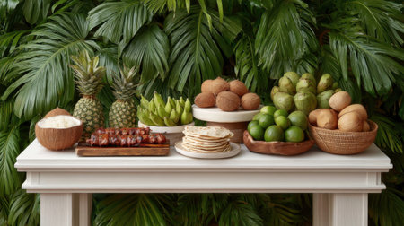 A vibrant arrangement of fresh tropical fruits and grilled skewers displayed on a white table, set against lush green foliage, perfect for culinary presentations and summer gatherings.の素材