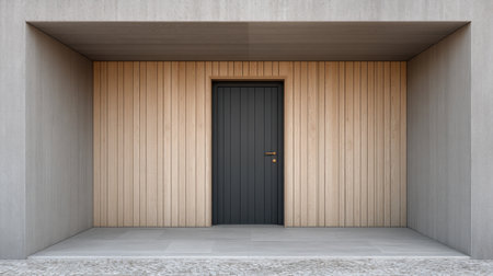 This image features a minimalist entrance showcasing a dark door framed by warm wooden paneling. It reflects modern architectural design with clean lines and simple elegance.の素材