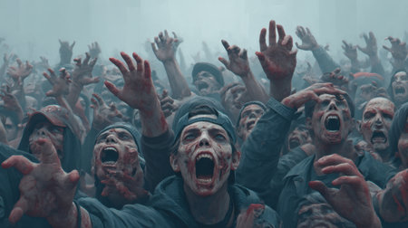 A haunting scene depicting an intimidating crowd of zombies emerging from the fog, arms raised, mouths open in terror, capturing the essence of a post-apocalyptic horror atmosphere.の素材