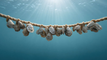 An impressive visual of oysters suspended along a rope in the serene depths of blue water. Sunlight beams create a tranquil scene, illustrating sustainable aquaculture.の素材
