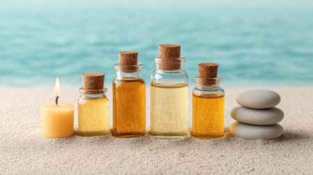 A serene spa scene featuring various essential oils in glass bottles, a soft candle burning, and smooth stones arranged on the sand near gentle ocean waves.の素材