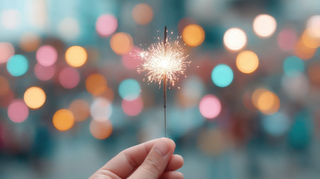 A hand elegantly holds a sparkler, illuminating the scene with brilliant sparkles amidst a vibrant bokeh background, capturing the essence of joy and celebration.の素材