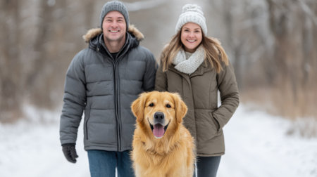A joyful couple enjoys a winter day, walking their golden retriever along a snowy trail. The scene captures warmth, love, and outdoor adventure in a serene nature setting.の素材
