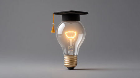 Unique image of a light bulb adorned with a graduation cap, representing the fusion of ideas and education, illuminating the path to knowledge and creativity.の素材