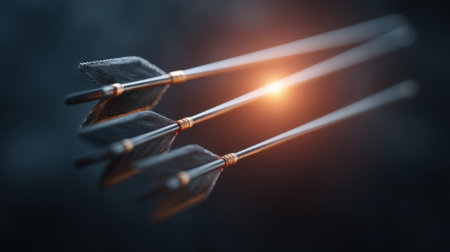 A striking close-up of three sharp arrows poised in motion against a dark background, illuminated by a radiant light, evoking feelings of focus and determination.の素材