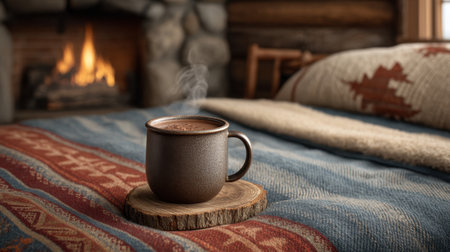A cozy cabin interior featuring a steaming mug of coffee on a wooden coaster, with a warm fireplace and inviting bed creating a serene atmosphere perfect for relaxation.の素材