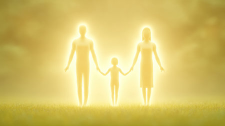 A glowing family stands hand-in-hand in a serene landscape, radiating warmth and connection. This image represents love, unity, and the bond among family members.の素材
