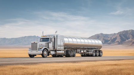 A sleek silver truck with a polished tanker trailer stands on a highway, surrounded by expansive desert and majestic mountains under a clear blue sky, symbolizing transportation.の素材