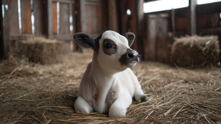 A charming baby calf rests on straw in a rustic barn, surrounded by hay bales. Natural light pours in, creating a serene and peaceful atmosphere ideal for farm-themed projects.の素材