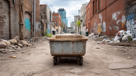 A striking image of an urban alley featuring a dumpster in focus surrounded by trash and graffiti, capturing the essence of neglect and decay in a city environment.の素材