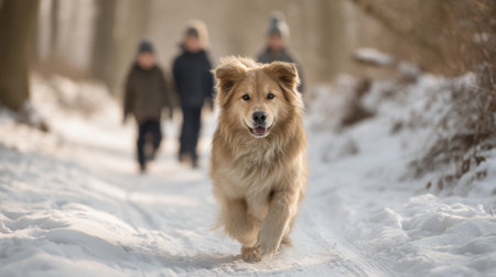 A joyful dog runs energetically along a snowy trail in a serene forest, while two children walk behind, capturing the essence of a delightful winter day outdoors.の素材