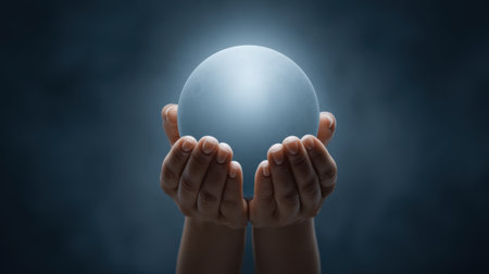 A pair of hands gently cradles a luminous light blue sphere, symbolizing hope and insight. The dark atmospheric background enhances the mystical energy of the scene.の素材