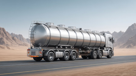A striking silver fuel tanker truck traverses a barren desert road, surrounded by stunning mountain scenery. Ideal for transport and logistics themes.の素材