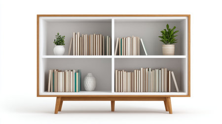 A modern, stylish wooden bookshelf showcases neatly arranged books alongside decorative plants, enhancing any contemporary interior space with elegance and simplicity.の素材
