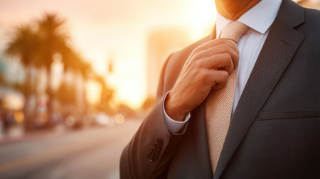A businessman adjusts his tie while standing in an urban environment during sunset. The warm glow of the sun enhances his professional look, reflecting confidence and elegance.の素材