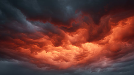 A visually captivating image showcasing a dramatic sky filled with fiery red and orange clouds, creating a stunning contrast against dark stormy tones at dusk.の素材