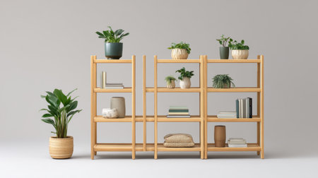 Bright and inviting modern wooden bookshelf featuring a variety of indoor plants, books, and stylish vases. Perfect for adding warmth and elegance to any space.の素材