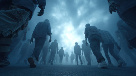 A haunting scene of silhouettes walking through a thick fog, creating an atmosphere filled with mystery and tension. This image evokes feelings of uncertainty and isolation.の素材