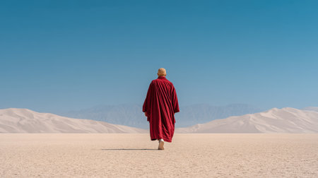 A serene scene capturing a monk in a striking red robe walking through a vast desert landscape, evoking feelings of peace, solitude, and mindfulness under bright blue skies.の素材