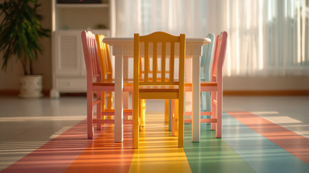 A vibrant and inviting children's table with colorful chairs in a sunlit room perfect for playtime or creative activities, enhancing a cheerful atmosphere.の素材