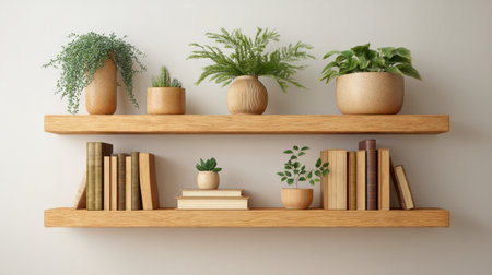 Stylish wooden shelves adorned with an array of plants and books create a warm and inviting atmosphere, perfect for enhancing home decor and refreshing living spaces.の素材