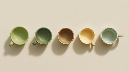 This image features five colorful ceramic cups arranged neatly, perfect for showcasing minimalist kitchen aesthetics or as a charming beverage presentation in any setting.の素材