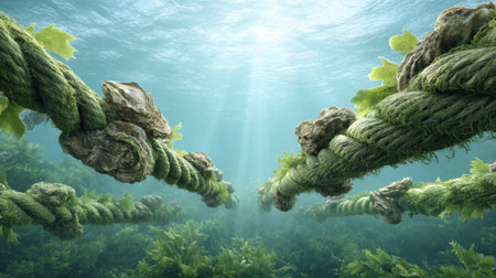 A serene underwater scene featuring ropes intertwined with seaweed and rocks, illuminated by gentle sunlight, creating a tranquil atmosphere in the ocean depths.の素材