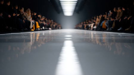 A sleek fashion runway captures the essence of modern style with its reflective surface and soft focus audience, creating an elegant atmosphere for high-end presentations.の素材