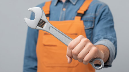 A skilled technician confidently holds an adjustable wrench in a workshop. This image represents expertise in repair and maintenance tasks within a professional environment.の素材
