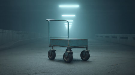 An empty warehouse setting featuring an abandoned utility cart surrounded by fog and dim lighting, creating an eerie and mysterious atmosphere ideal for creative projects.の素材