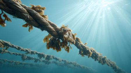 An intriguing underwater scene featuring ropes adorned with seaweed illuminated by soft beams of sunlight, highlighting the enchanting beauty of marine ecosystems.の素材