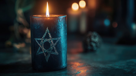 A black candle with a bright pentagram, glowing in the darkness, setting a mood of mysticism and intrigue.の素材