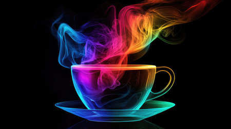 A futuristic coffee cup with vibrant, abstract steam swirls rising from it, set against a black background.の素材