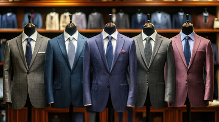A collection of business suits on mannequins, featuring various cuts and colors for the modern professional.の素材