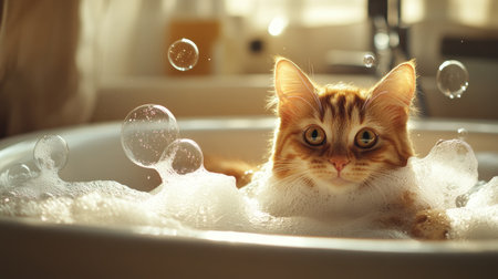 A delightful scene of a cat in a bathtub, having fun chasing and popping soap bubbles during bath time.の素材