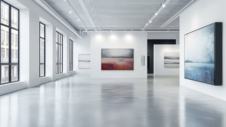 A spacious modern art gallery with vibrant paintings displayed on clean white walls, creating a minimalist aesthetic.の素材