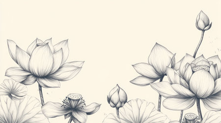 A lotus flower border in a realistic vintage drawing style, with fine sketch details and classic botanical aestheticsの素材