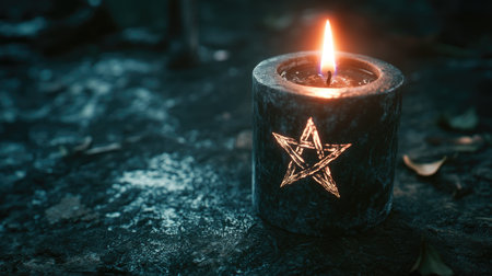 Black candle glowing ominously with a pentagram carved into it, creating a mysterious and atmospheric sceneの素材