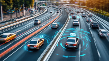 Autonomous cars smoothly navigate a busy highway, utilizing advanced traffic information systems for safe and efficient travel.の素材